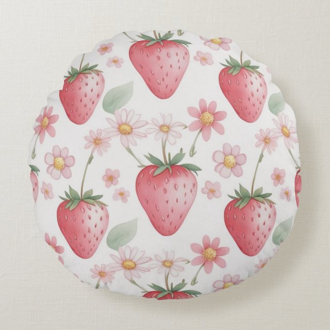 Pink Strawberry flowers Birthday Party for her Round Pillow (Front)
