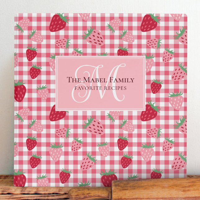 Pink Strawberry Gingham Pattern Monogram Recipe Binder (Creator Uploaded)