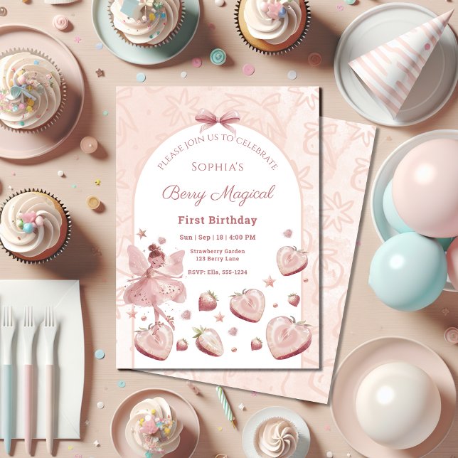 Pink Strawberry Hearts Fairy Girl Birthday Invitat Invitation (Creator Uploaded)