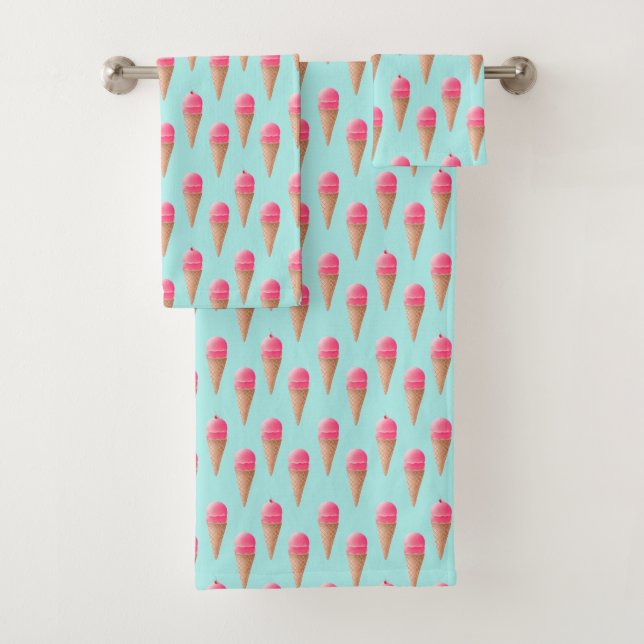 Pink Strawberry Ice Cream Cone Pattern, Blue Bath Towel Set (Insitu)
