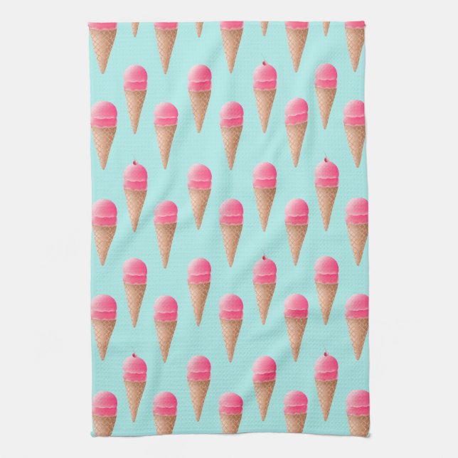 Pink Strawberry Ice Cream Cone Pattern, Blue Kitchen Towel (Vertical)