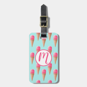 Pink Strawberry Ice Cream Cone Pattern, Blue Luggage Tag