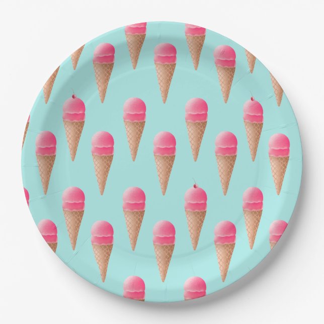 Pink Strawberry Ice Cream Cone Pattern, Blue Paper Plate (Front)