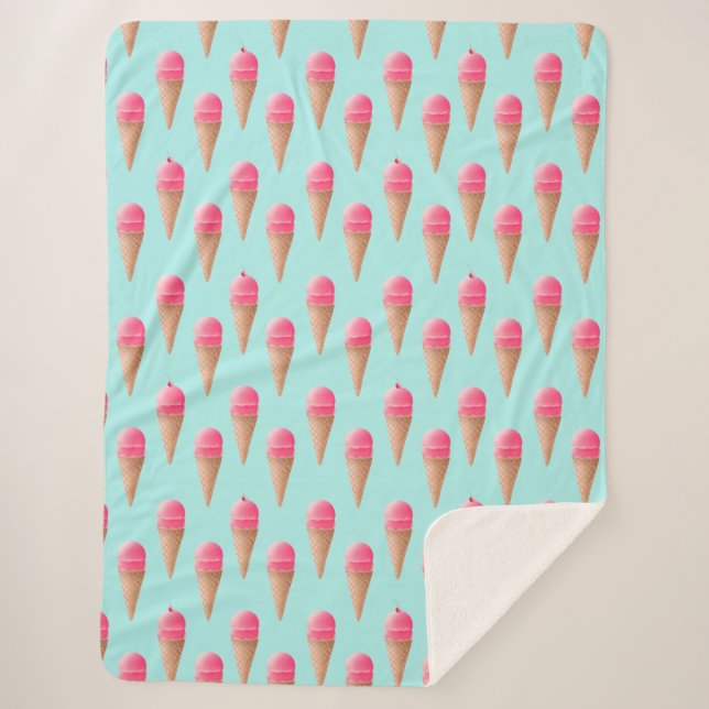 Pink Strawberry Ice Cream Cone Pattern, Blue Sherpa Blanket (Front)