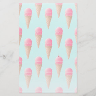 Pink Strawberry Ice Cream Cone Pattern, Blue Stationery