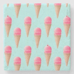 Pink Strawberry Ice Cream Cone Pattern, Blue Stone Coaster