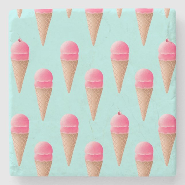 Pink Strawberry Ice Cream Cone Pattern, Blue Stone Coaster (Front)