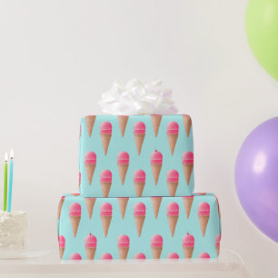 Pink Strawberry Ice Cream Cone Pattern, Blue Wrapping Paper