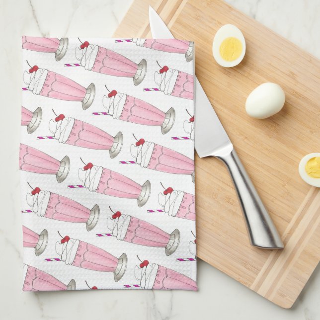 Pink Strawberry Ice Cream Shake Milkshake Print Kitchen Towel (Quarter Fold)