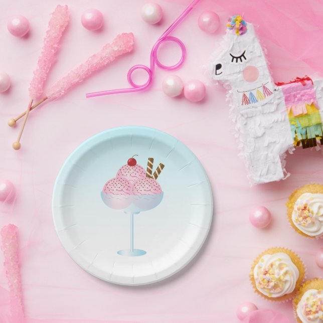 Pink Strawberry Ice Cream Sundae Illustration Paper Plate (Party)