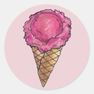 Pink Strawberry Ice Cream Waffle Cone Scoop Foodie Classic Round Sticker