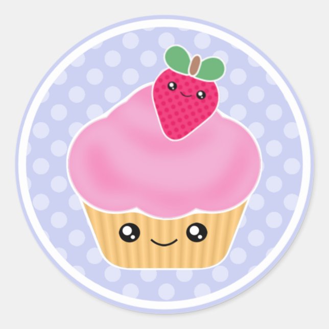 Pink Strawberry Kawaii Cupcake Stickers (Front)
