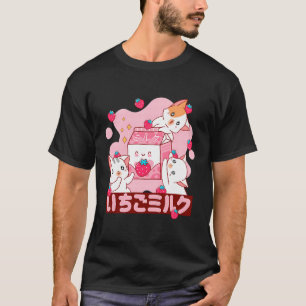 Pink Strawberry Milk Japanese Kawaii Cat T-Shirt
