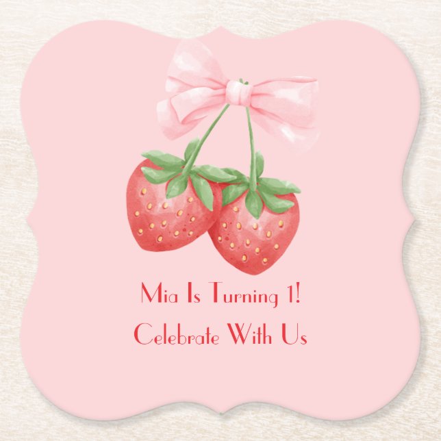 Pink strawberry  paper coaster (Front)