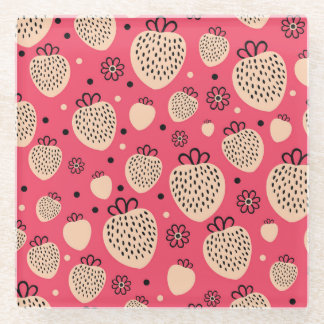 Pink strawberry pattern: seamless sweet design glass coaster