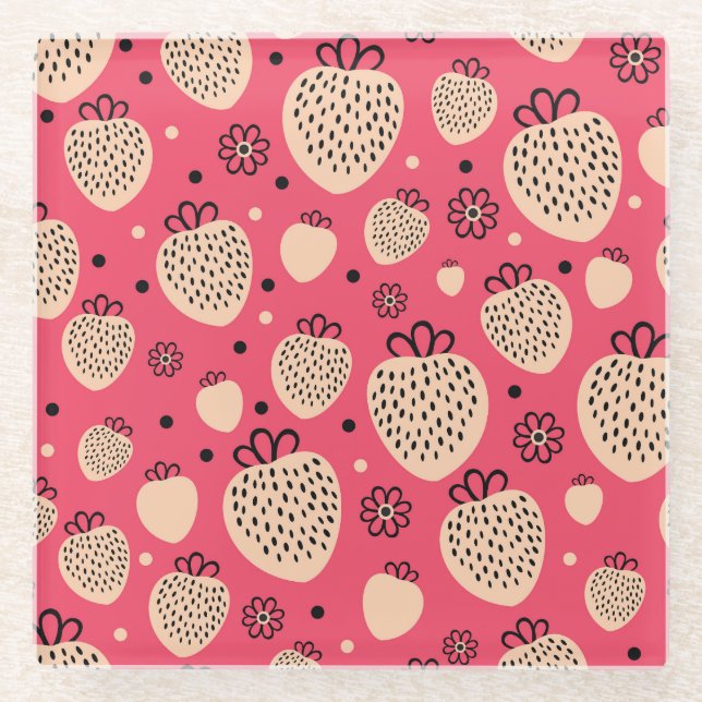 Pink strawberry pattern: seamless sweet design glass coaster (Front)