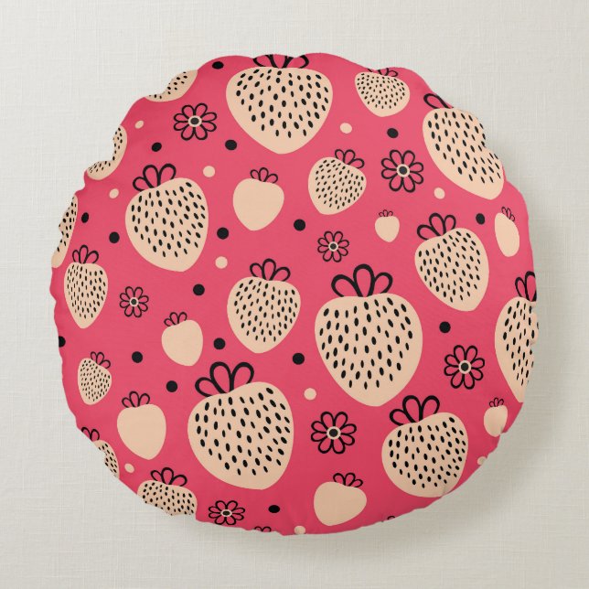 Pink strawberry pattern: seamless sweet design round pillow (Front)