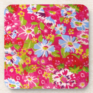 Pink strawberry retro colourful floral coaster