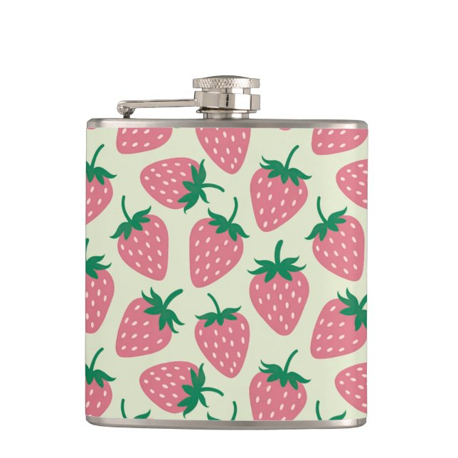 Pink Strawberry Summer Pattern Hip Flask (Front)