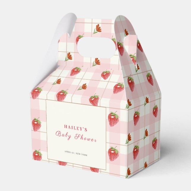 Pink Strawberry Sweet Gingham Baby Shower Favor Box (Front Side)