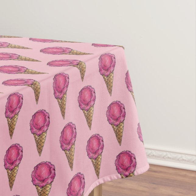 Pink Strawberry Waffle Cone Ice Cream Dessert Food Tablecloth (In Situ)