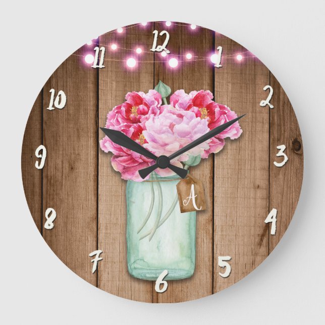 Pink String Lights & Mason Jar Flowers Rustic Wood Large Clock (Front)
