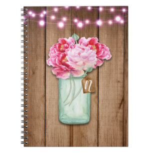 Pink String Lights & Mason Jar Flowers Rustic Wood Notebook