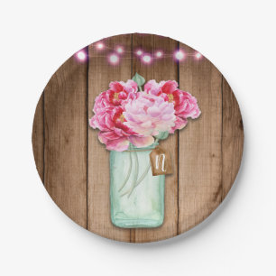Pink String Lights & Mason Jar Flowers Rustic Wood Paper Plate