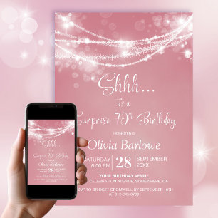 Pink String Lights Surprise 70th Birthday Party Invitation