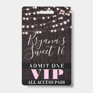 Pink String Lights Sweet 16 Party VIP Pass Badge