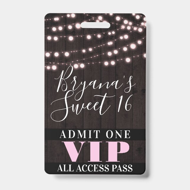 Pink String Lights Sweet 16 Party VIP Pass Badge (Front)