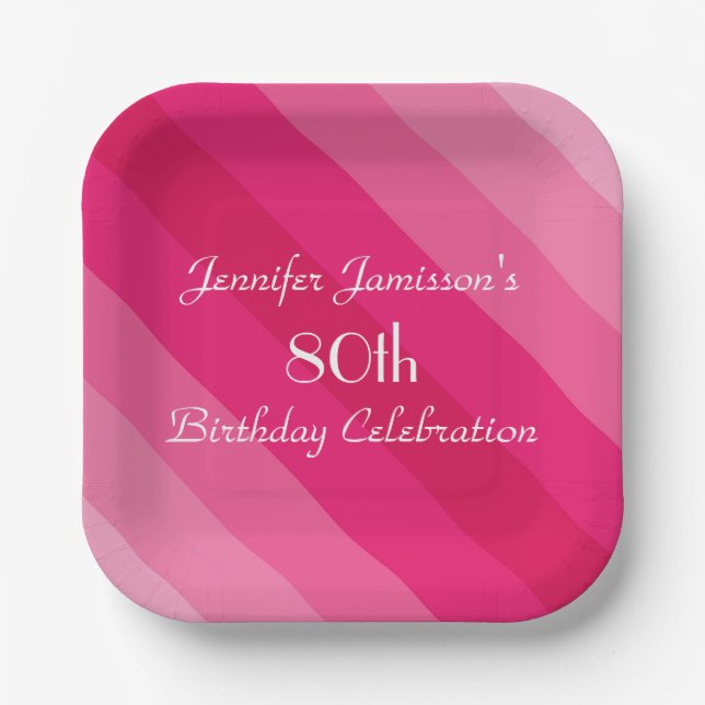 Pink Stripe, 80th Birthday Party, Name  Paper Plate (Front)