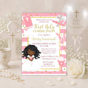 Pink Stripe African American Girl First Communion Postcard