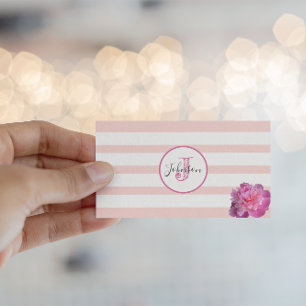 Pink Stripe and Peony Monogrammed Business Card