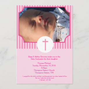 Pink Stripe Baptism Baby Dedication 5x7 photo Invitation