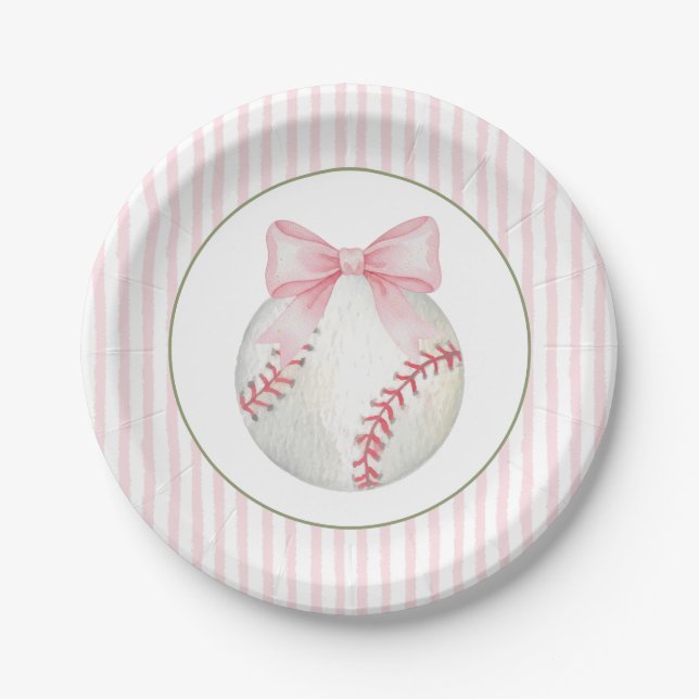 Pink Stripe Baseball  Paper Plate (Front)
