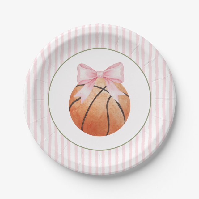 Pink Stripe Basketball  Paper Plate (Front)