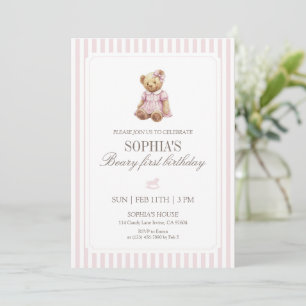 Pink Stripe Beary First Birthday Girl Teddy Bear Invitation