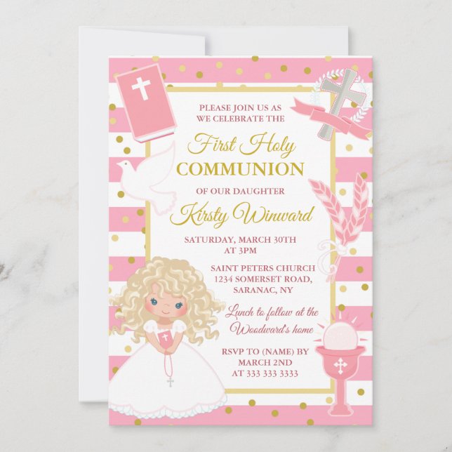 Pink Stripe Blonde Girl First Holy Communion Invitation (Front)