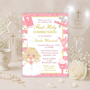 Pink Stripe Blonde Girl First Holy Communion Invitation