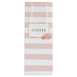 Pink Stripe & Blush Peony Personalized Wine Bag