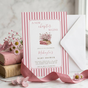 Pink Stripe Bow Vintage Books Floral Baby Shower Invitation