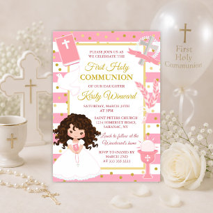 Pink Stripe Brunette Girl First Holy Communion Invitation
