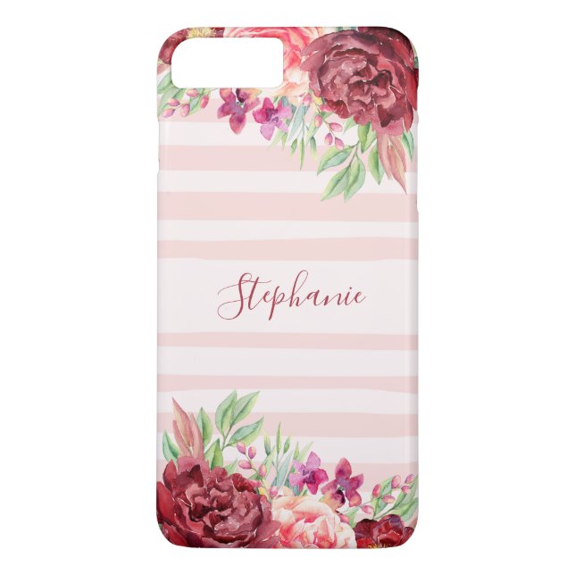 Pink Stripe Bugundy Floral Personalized Case-Mate iPhone Case (Back)