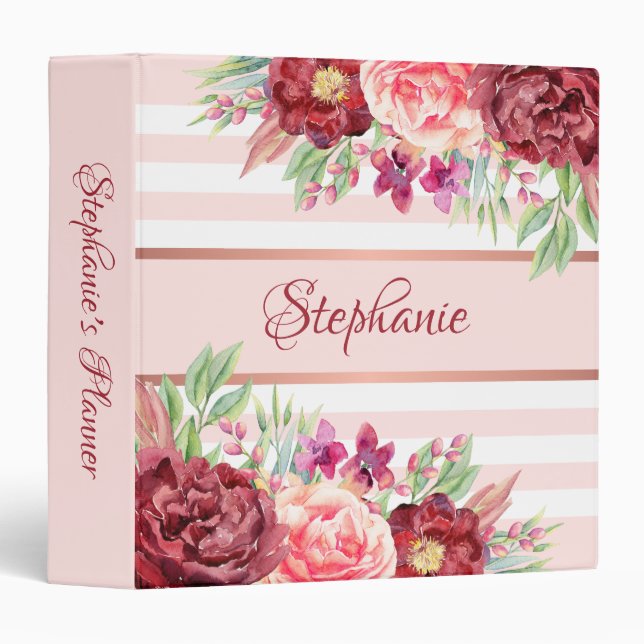 Pink Stripe Burgundy Floral Personalized Binder (Front/Spine)