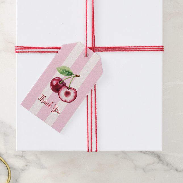Pink Stripe Cherry Illustration Thank You Tag (Creator Uploaded)