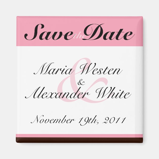 Pink Stripe Chocolate Brown Save the Date Magnet (Front)