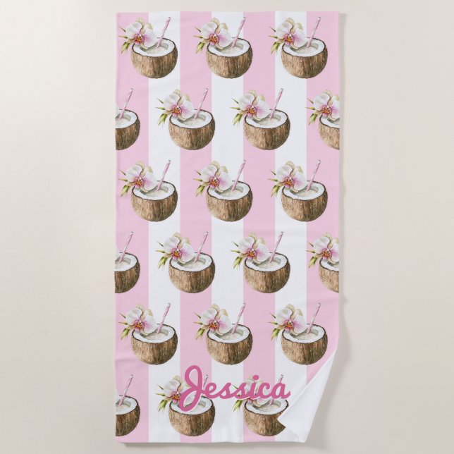 Pink Stripe | Coconut Drink Beach Towel (Front)