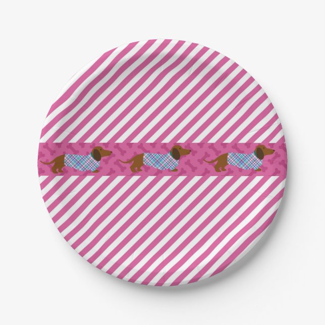 Pink Stripe Dachshund Paper Plates (Front)
