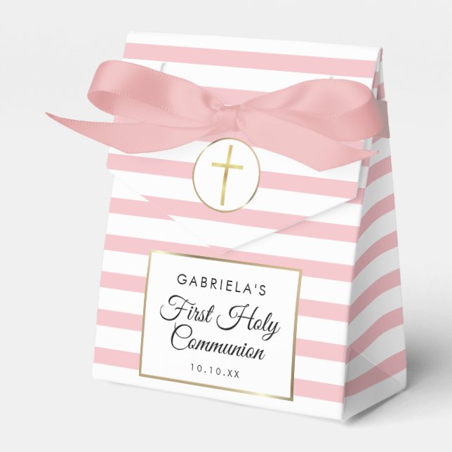 Pink Stripe Elegant Gold First Holy Communion Favor Box (Front Side)